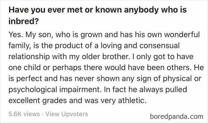 Screenshot of a weird and unfortunate Quora question about inbreeding and family relationships, with views and upvotes.
