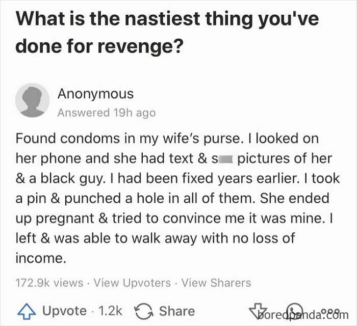 Anonymous Quora question about revenge involving condoms, infidelity, and personal consequences from weird or unfortunate questions.