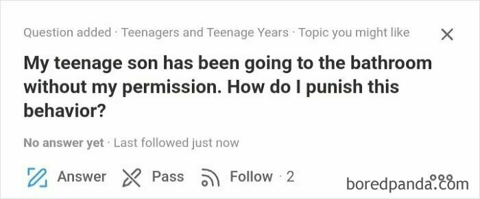 Screenshot of a weird Quora question asking how to punish a teenage son for using the bathroom without permission.