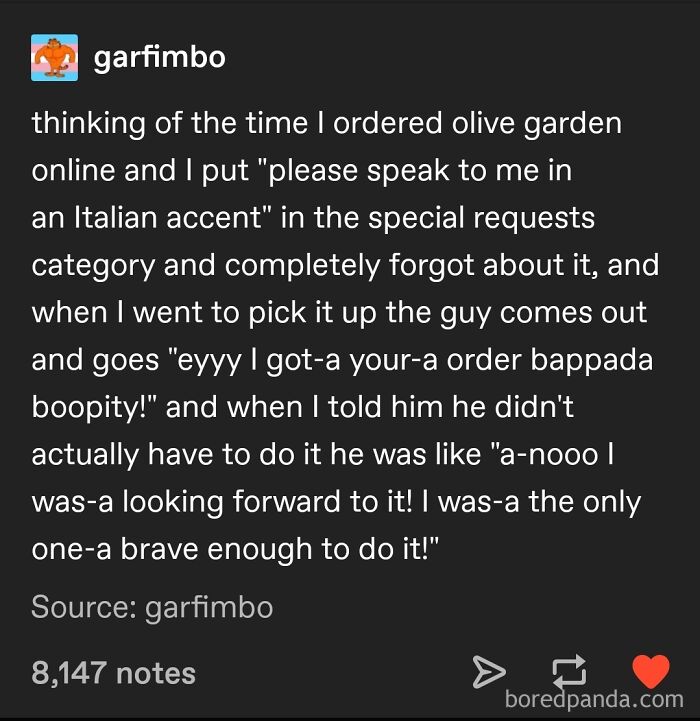 Alt text: Humorous text post sharing a pure and uplifting moment about a fun Olive Garden order request with an Italian accent.