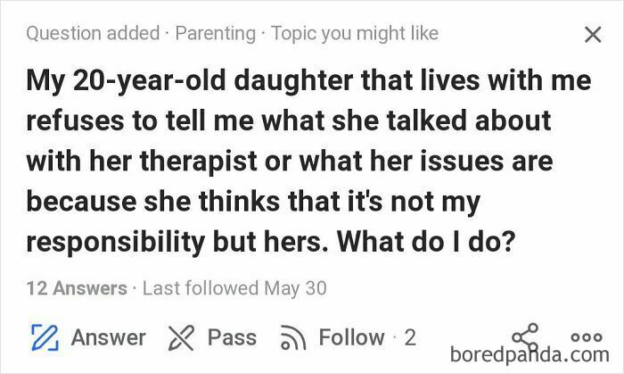 Parenting question on Quora about a daughter refusing to share therapy details, showing unusual or unfortunate Quora questions.