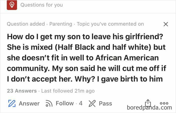 Quora question about parenting and relationship issues involving mixed race and family acceptance concerns.