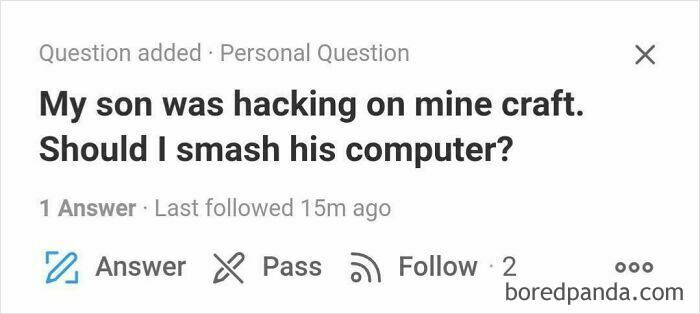 Quora question about a parent asking if they should smash their son's computer, showcasing weird or unfortunate queries.