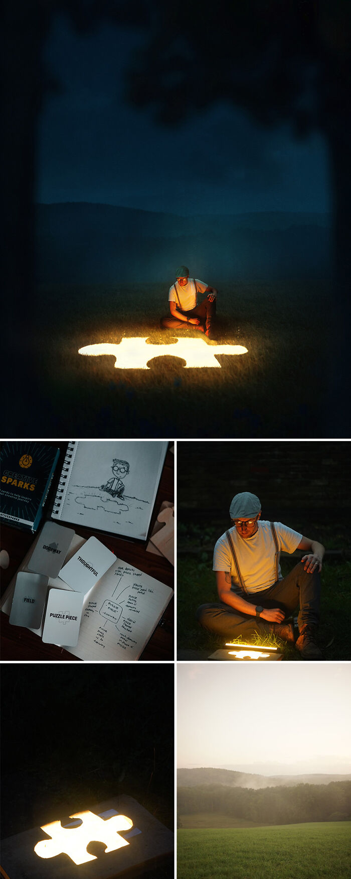 Photo manipulation art by Joel Robison, featuring glowing puzzle piece and creative sketches.