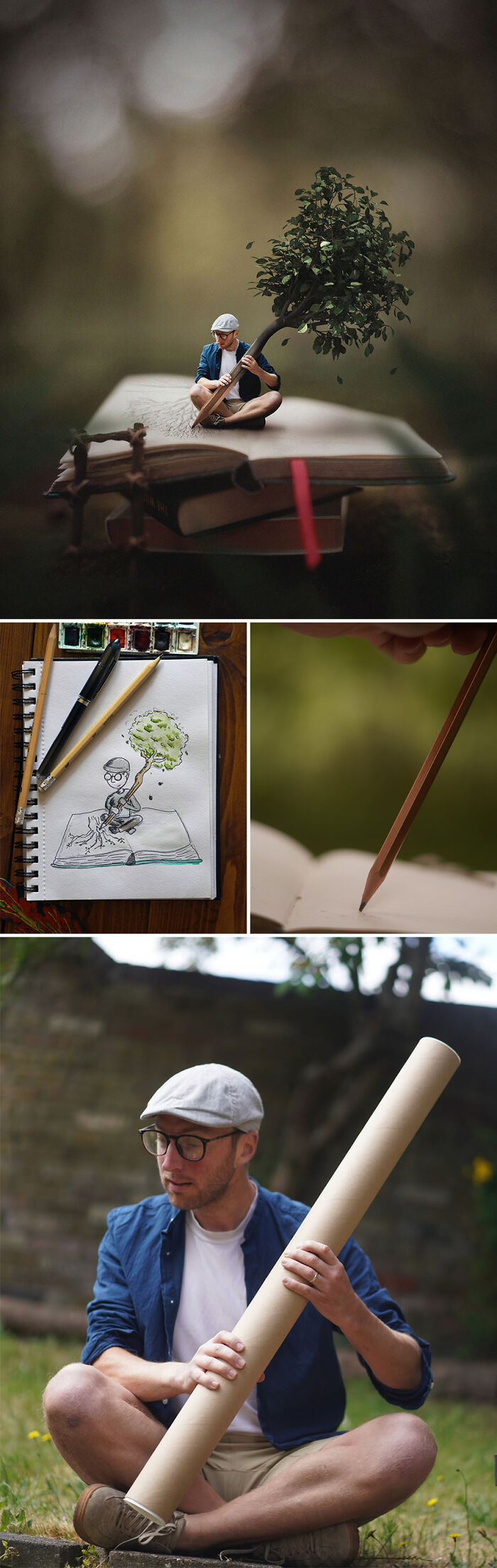 Photo manipulations by an artist, featuring a small figure with a tree on a book, and sketchbook with similar art.