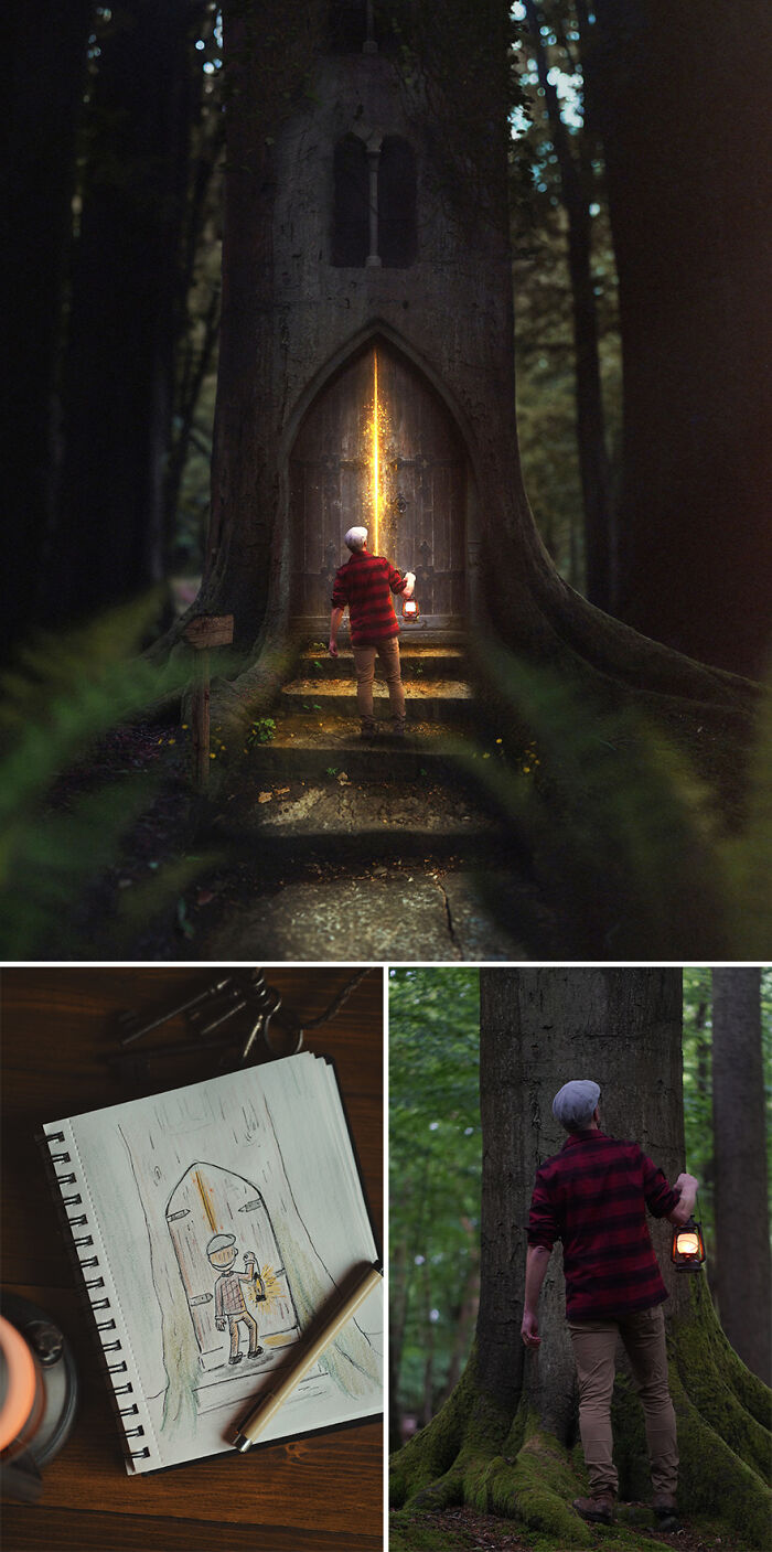 Photo manipulation by Joel Robison: a person with a lantern at a glowing door in a tree, inspired by a sketch.