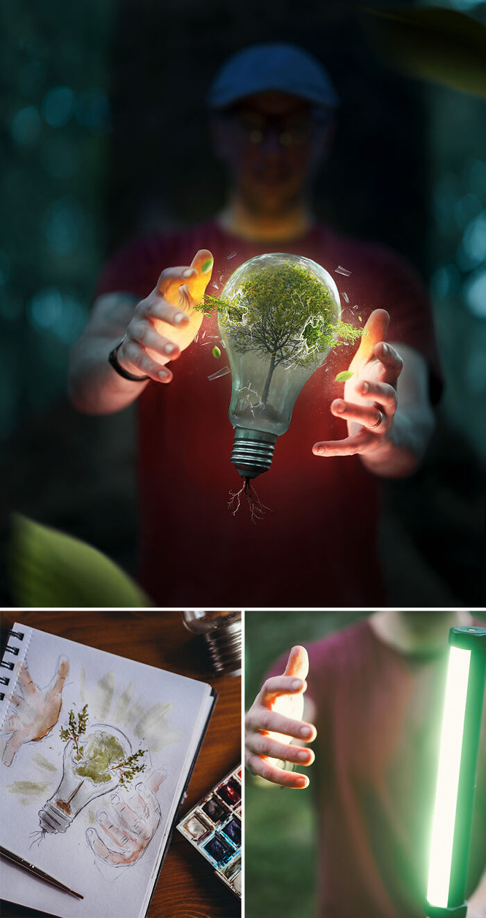 Photo manipulations by Joel Robison feature a man holding a glowing bulb with a tree inside, and a matching watercolor sketch.