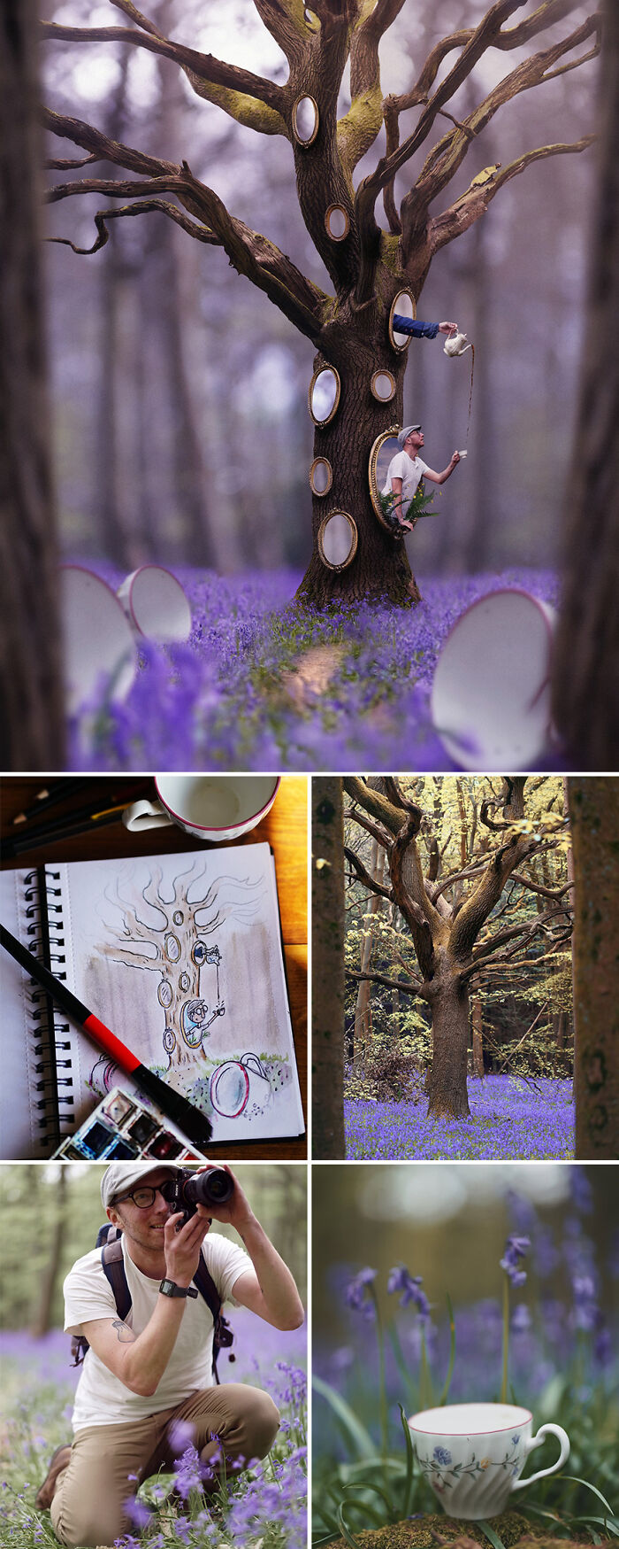 Photo manipulations by Joel Robison: a whimsical tree with mirrors in a purple woodland, sketches, and photography.