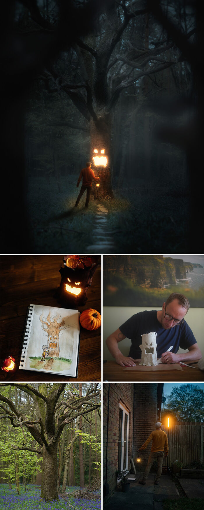 Photo manipulation by Joel Robison showing a glowing tree and sketches in a creative process scene.