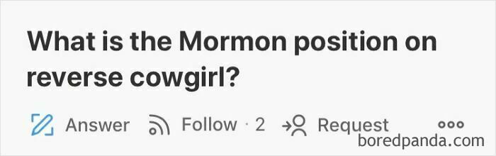 Screenshot of a weird and unfortunate Quora question asking about the Mormon position on reverse cowgirl.