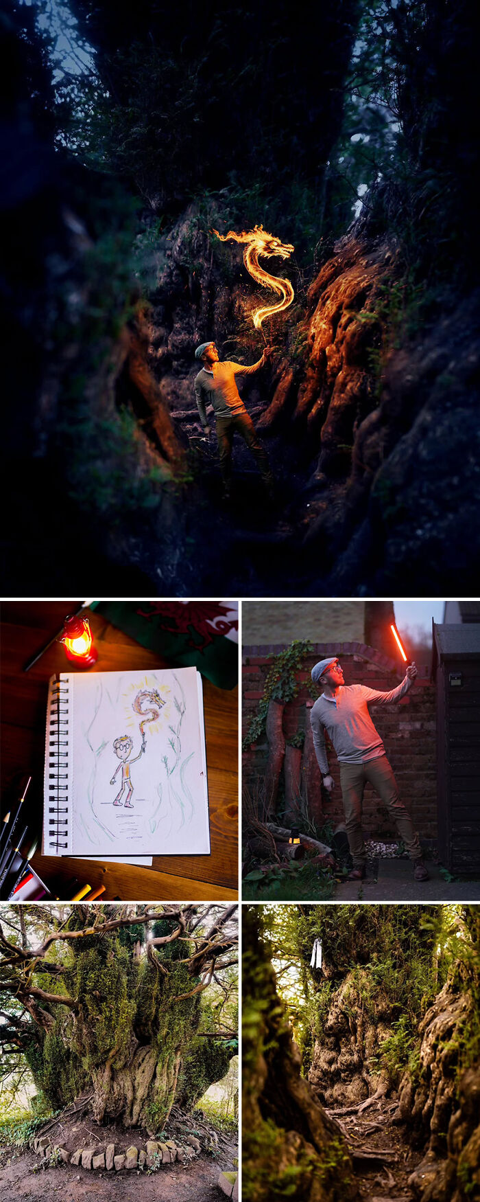 Photo manipulation by Joel Robison featuring a glowing dragon design in a mystical forest setting.