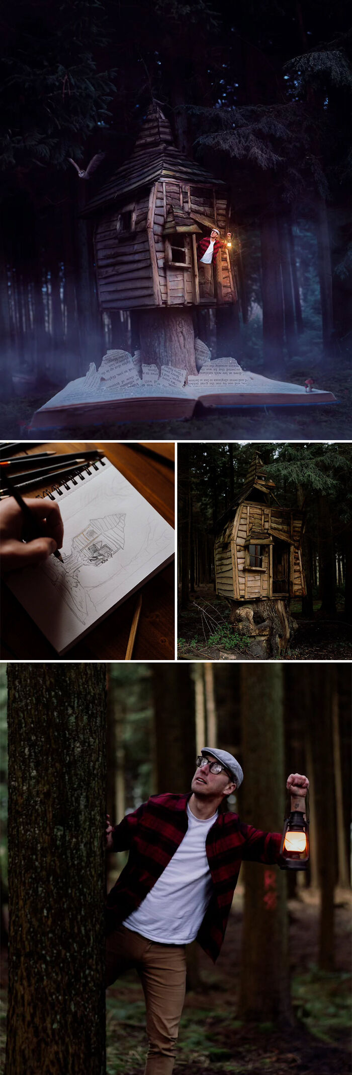 Photo manipulation by Joel Robison showcasing a treehouse emerging from an open book in a forest setting.