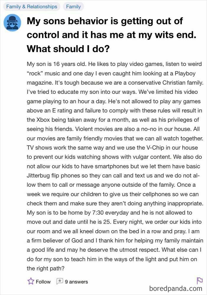 Parent’s detailed Quora question seeking advice on controlling son's behavior in a conservative family setting, from weird or unfortunate questions.