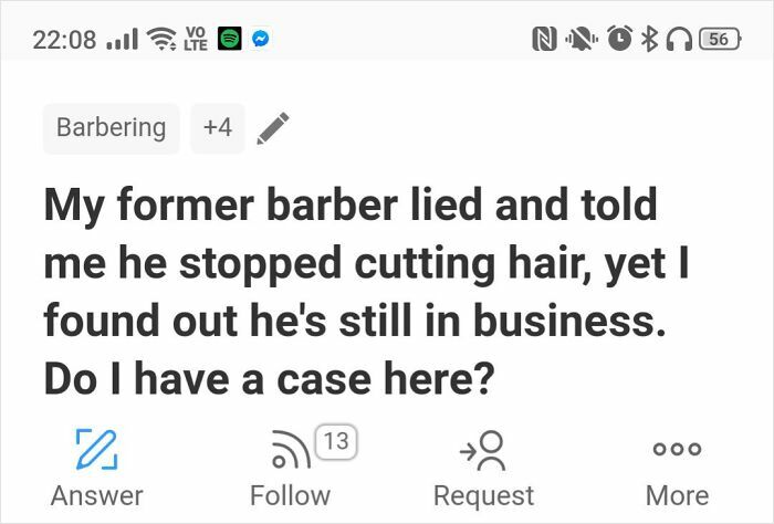 Screenshot of a weird or unfortunate Quora question about a barber lying about stopping his hair-cutting business.