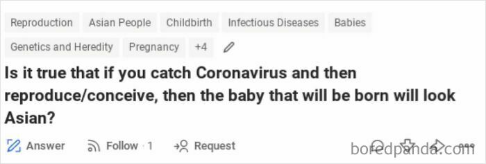 Unusual and unfortunate Quora question asking if catching Coronavirus before conceiving affects a baby's appearance.