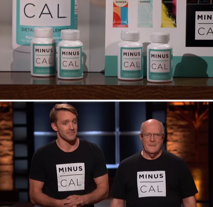Minus Cal dietary supplement bottles and two presenters wearing Minus Cal shirts on Shark Tank pitch for failed products.