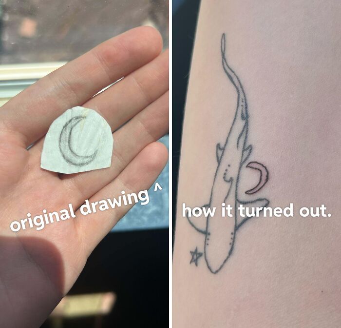 Original moon drawing on paper next to a wild tattoo fail of a shark and crescent moon on skin.