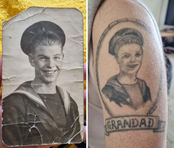 Old black and white sailor photo beside a tattoo fail of the same image with distorted facial features on a person's arm.