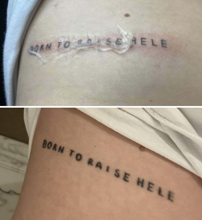 Close-up of a misspelled tattoo reading born to raise hele, showcasing a wild tattoo fail on skin.