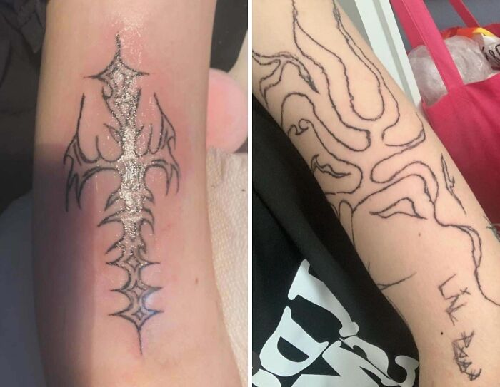 Two wild tattoo fails on arms, featuring uneven lines and awkward designs, showcasing permanent tattoo mistakes.