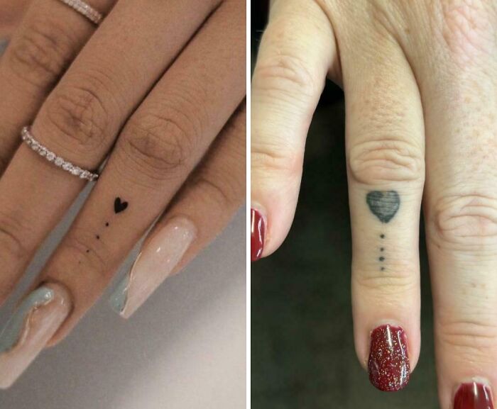 Two close-up images of finger tattoos showing small black heart designs with dots, highlighting wild tattoo fails.
