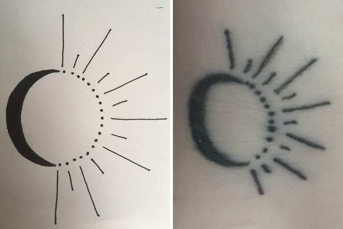 Tattoo fail showing a crescent moon and sun rays design with uneven lines and ink blotches on skin.