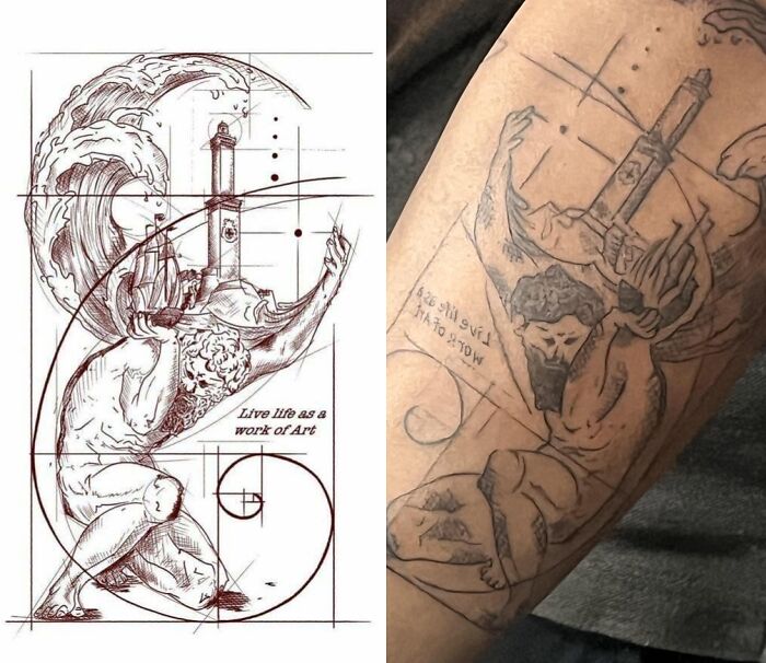 Side-by-side comparison of a detailed tattoo design and a wild tattoo fail version on skin with distorted features.
