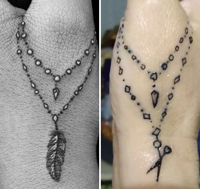 Side-by-side comparison of a wild tattoo fail featuring a feather and a scissors design on hands.