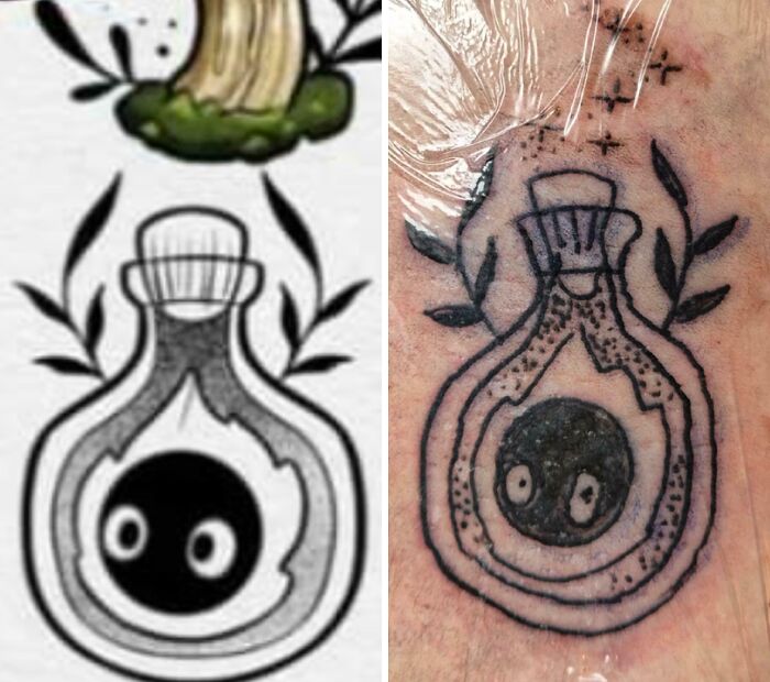 Side-by-side comparison of a wild tattoo fail showing a distorted bottle design with eyes inside inked on skin.