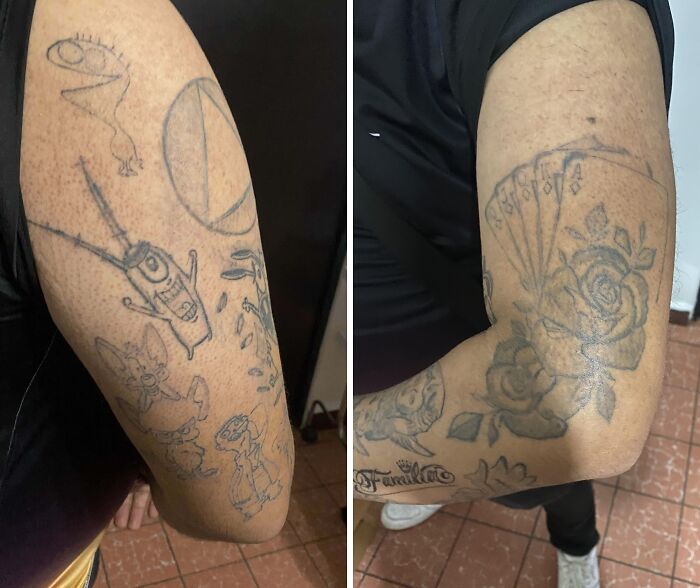 Arm tattoos showing various designs including a gun, cartoon characters, flowers, and playing cards in wild tattoo fails collection.