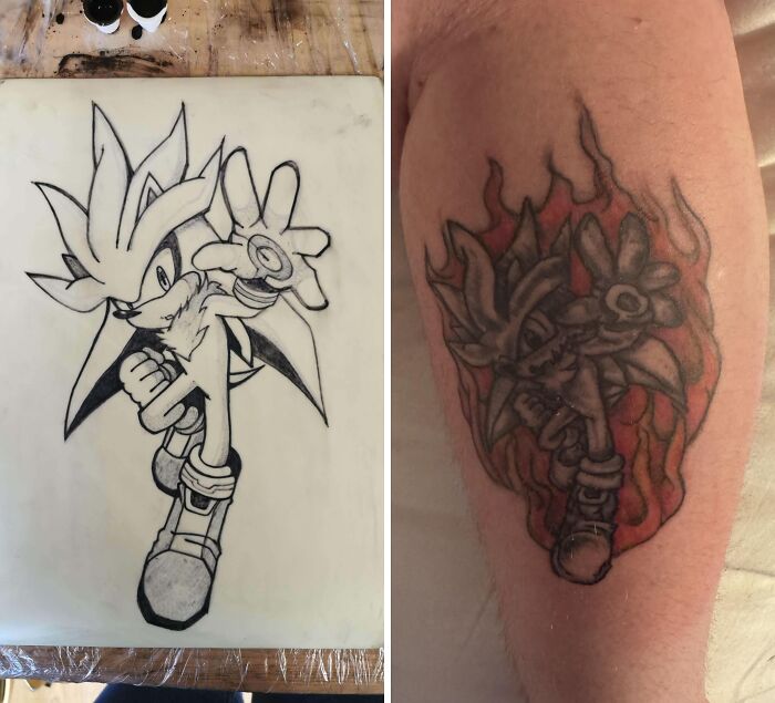 Side-by-side comparison of a tattoo stencil and a wild tattoo fail on a person's leg with distorted character design.