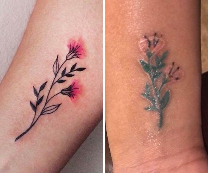 Side-by-side images showing a flower tattoo before and after a wild tattoo fail transformation.