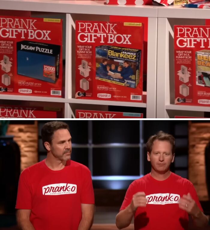 Shark Tank products prank gift boxes displayed on shelves with inventors pitching in matching red shirts on the show.