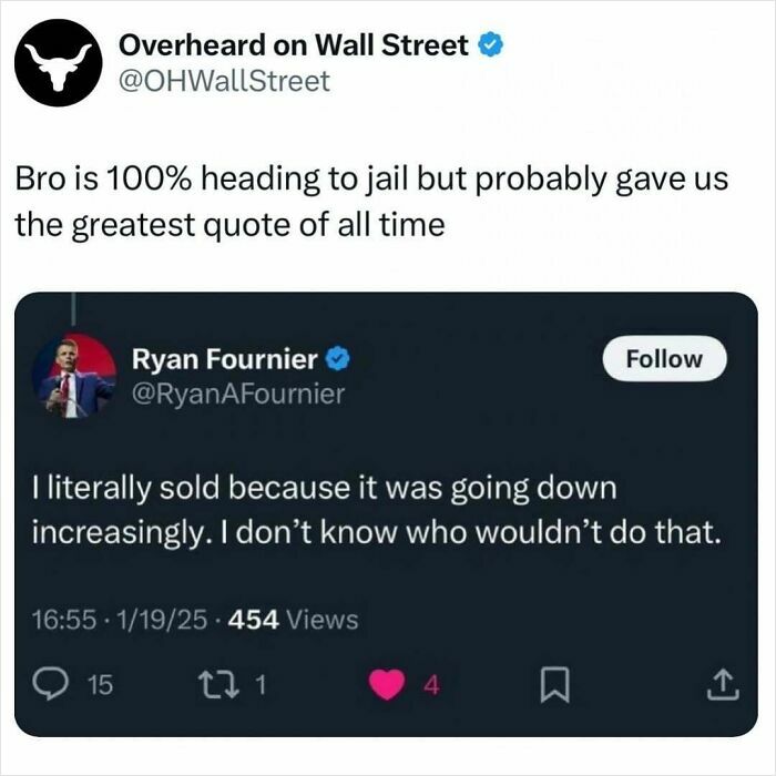 Tweet from Overheard on Wall Street humorously commenting on a market decision.