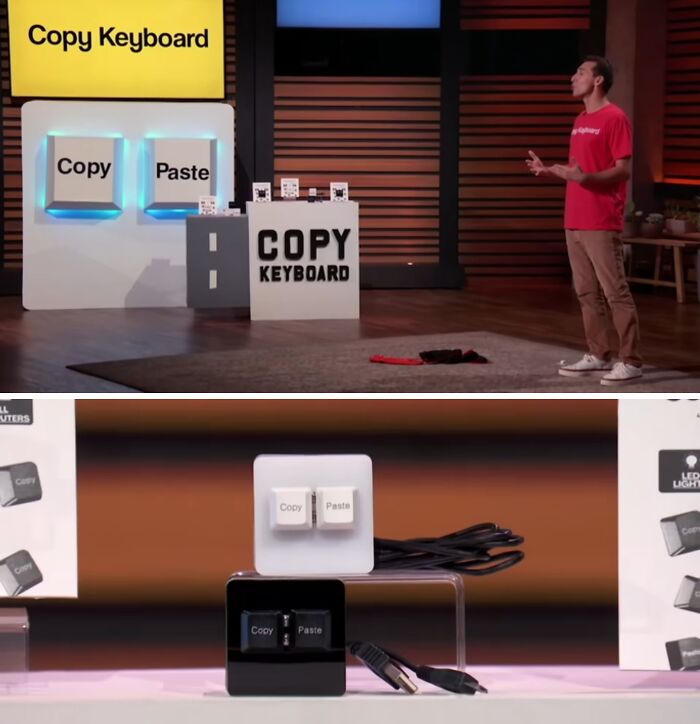 Entrepreneur presenting the Copy Keyboard on Shark Tank, a unique product among Shark Tank products that completely flopped.