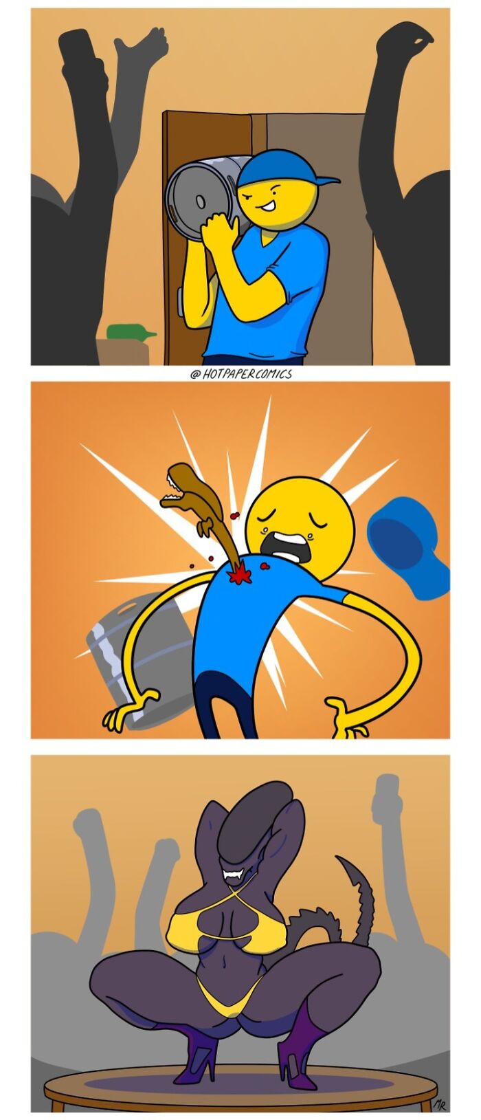 Comic strip highlighting dark humor with a party scene, unexpected injury, and a character dancing provocatively.