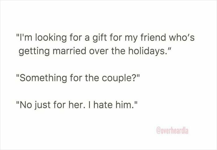 Funny conversation overheard in the streets of LA about buying a wedding gift for a friend who is getting married.