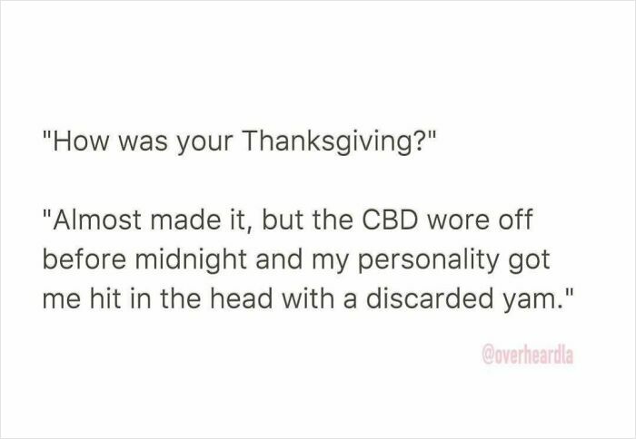 Funny conversation overheard in the streets of LA about Thanksgiving, CBD effects, and a quirky personality moment.