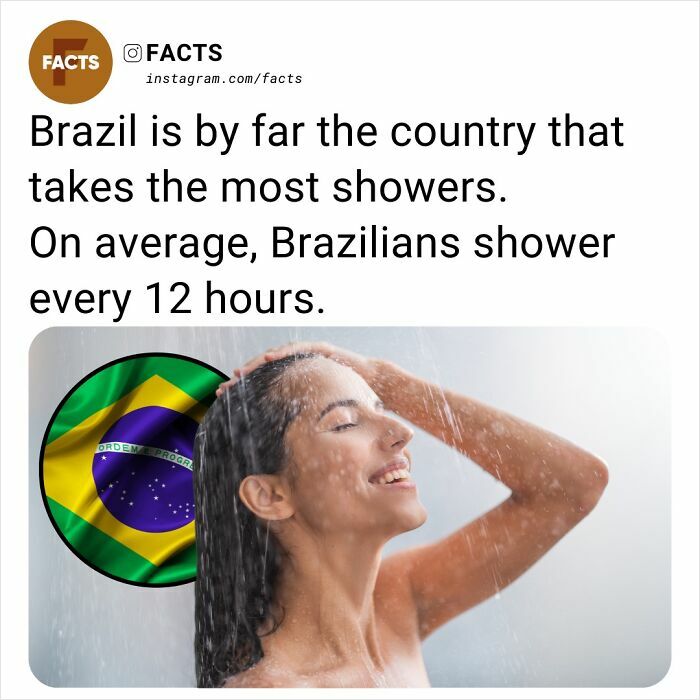 Brazilian woman enjoying a shower with Brazil flag, highlighting a fascinating fact about frequent showers in Brazil.