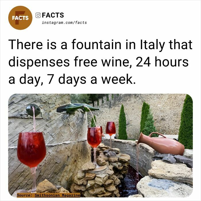 A fascinating fact about an Italian fountain dispensing free wine continuously with glasses on a stone structure.
