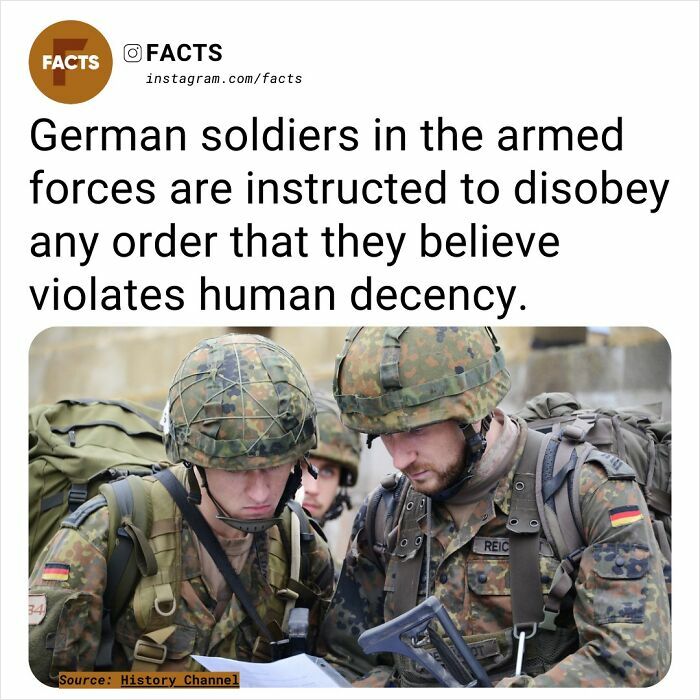 German soldiers in camouflage uniforms, focused on a document, highlighting a fact about disobeying orders violating human decency.
