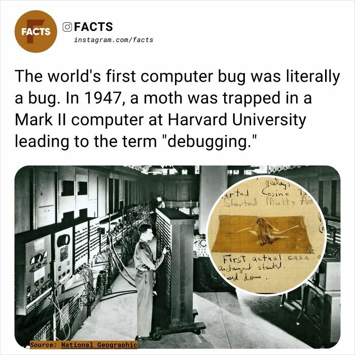 Man at Mark II computer with moth, known as the first computer bug, leading to the term "debugging." Interesting facts.