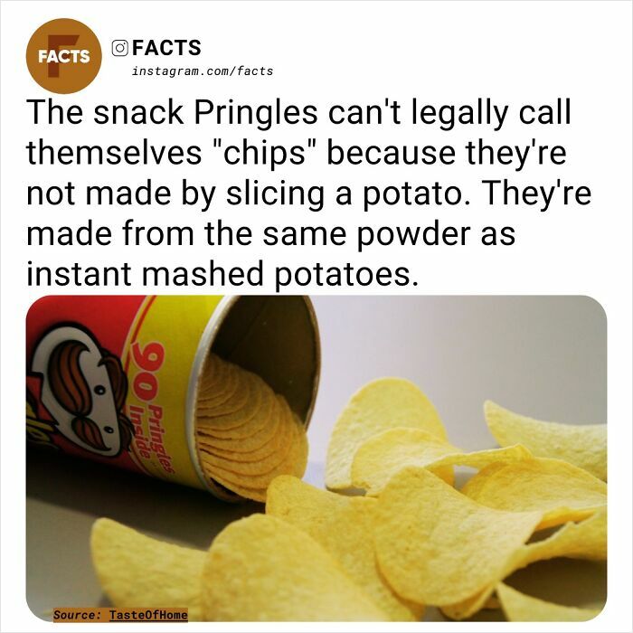 Pringles labeled as crisps due to not being sliced from potatoes, made from potato powder like instant mashed potatoes.