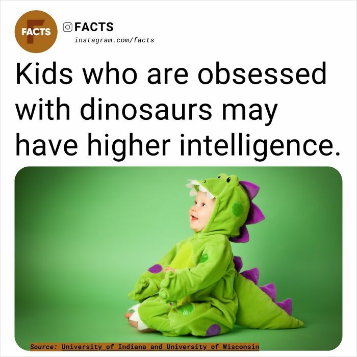 Child in a dinosaur costume sits against a green background, highlighting fascinating facts about intelligence.