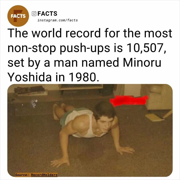 Man performing push-ups with text highlighting fascinating world record for 10,507 non-stop push-ups set in 1980.