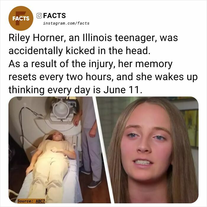 Teenager in medical setting and portrait, memory resets every two hours; thinks each day is June 11. Interesting facts image.