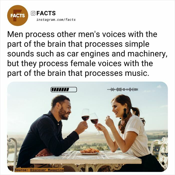 Couple enjoying wine outdoors with a brain processing fact overlay; features fascinating facts on auditory processing.