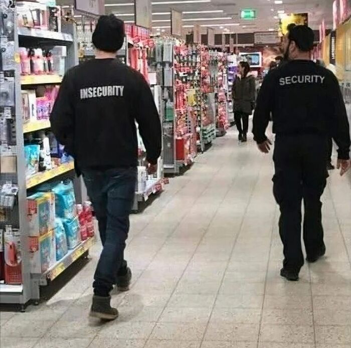 Two men walk in a store aisle, one wearing a sweatshirt labeled "INSECURITY," capturing the weird Instagram vibe.