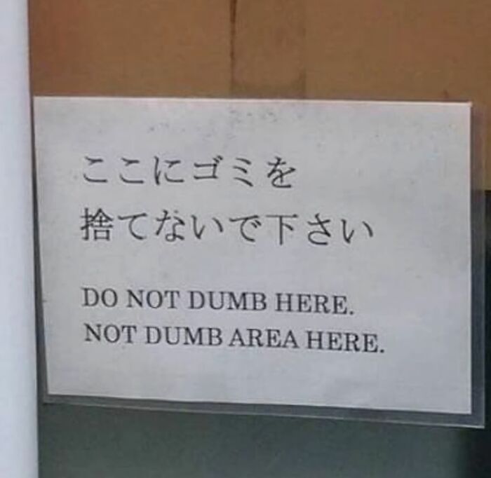Sign with English and Japanese text humorously stating, "DO NOT DUMB HERE. NOT DUMB AREA HERE", from a weird Instagram account.