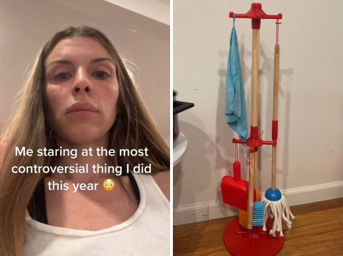 Young woman reflecting on a controversial moment paired with a colorful cleaning tool set in a home setting, celebrity encounters.